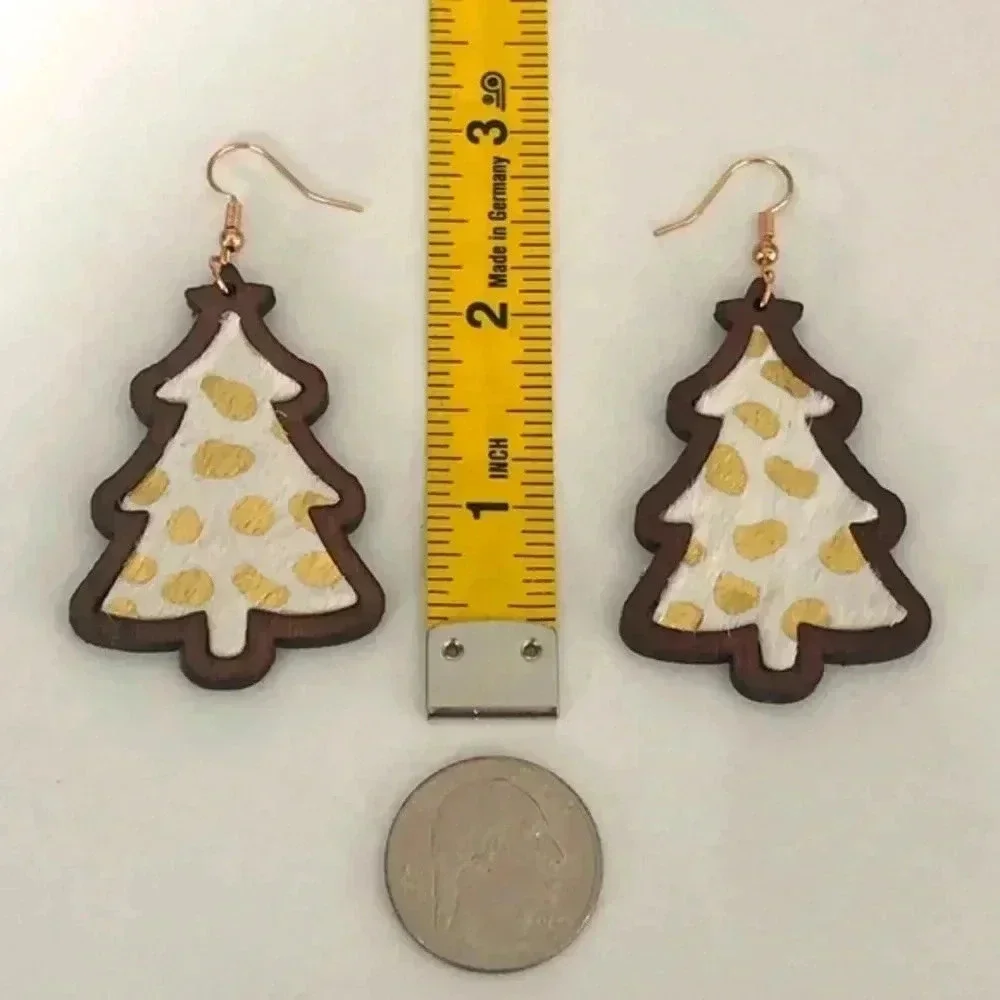 Golden Gold Spot Christmas Tree Animal Print Wooden Drop Earrings NWT